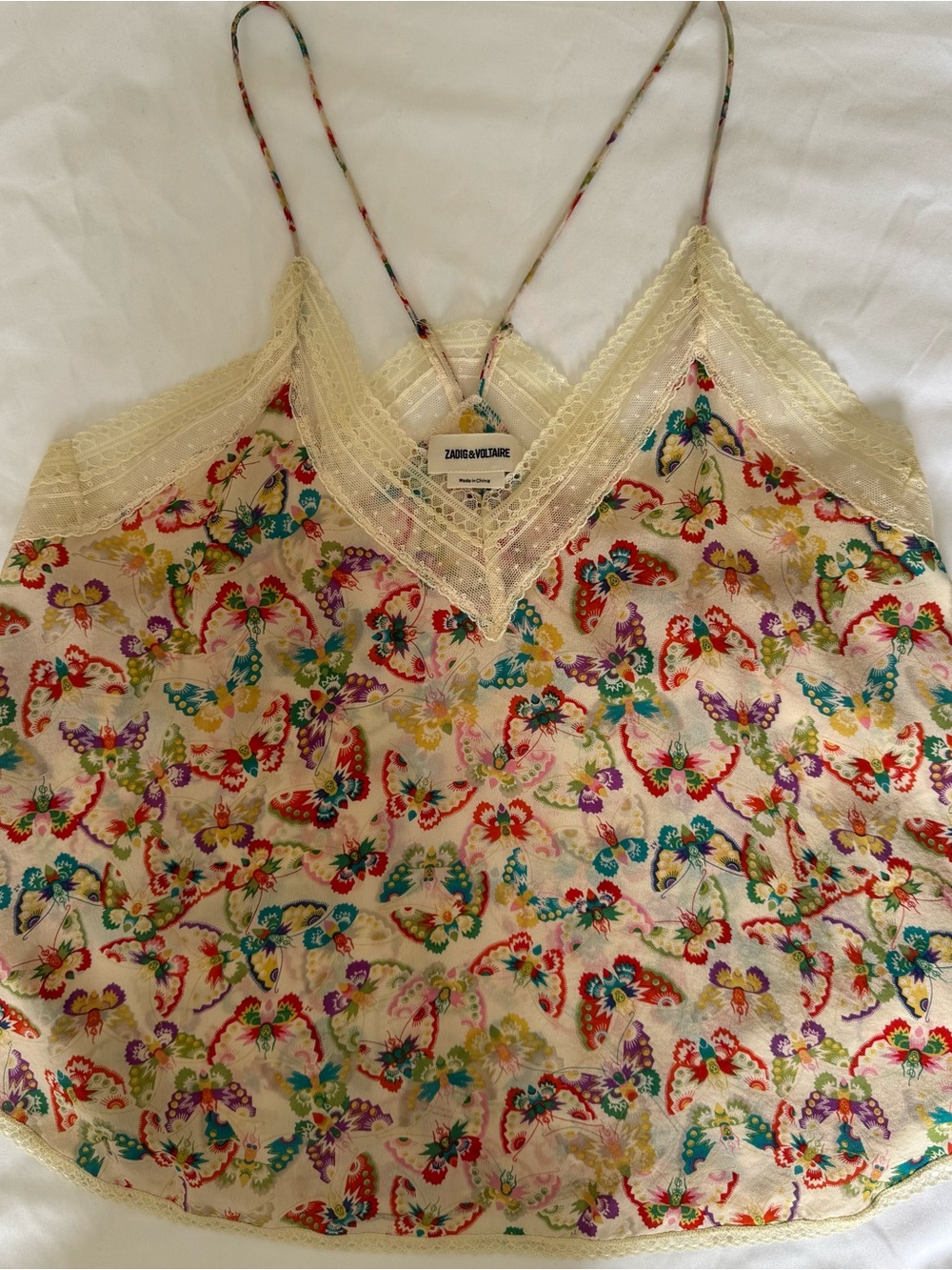 Zadig & Voltaire Butterfly-Print Lace-Trim Silk Camisole Top - XS
